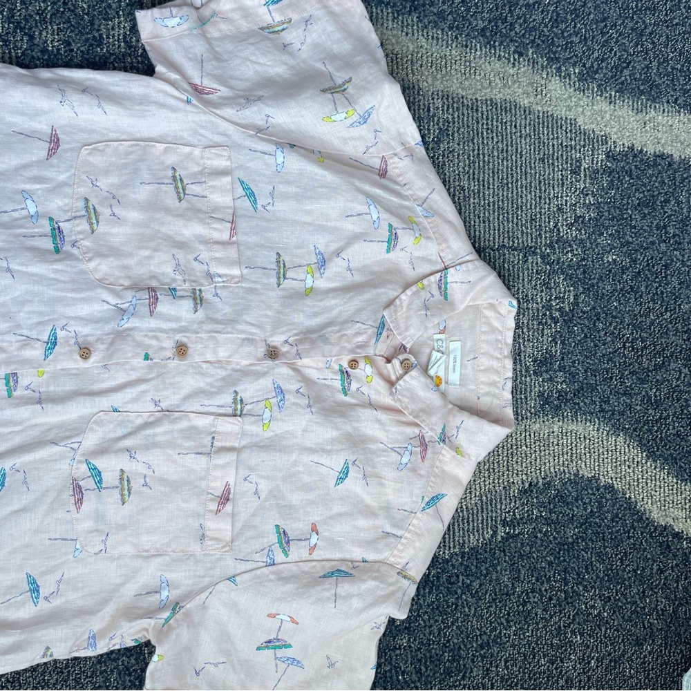 C&C California Pink Umbrella Patterned Shirt 100%‎ Linen Size Medium - Picture 4 of 8